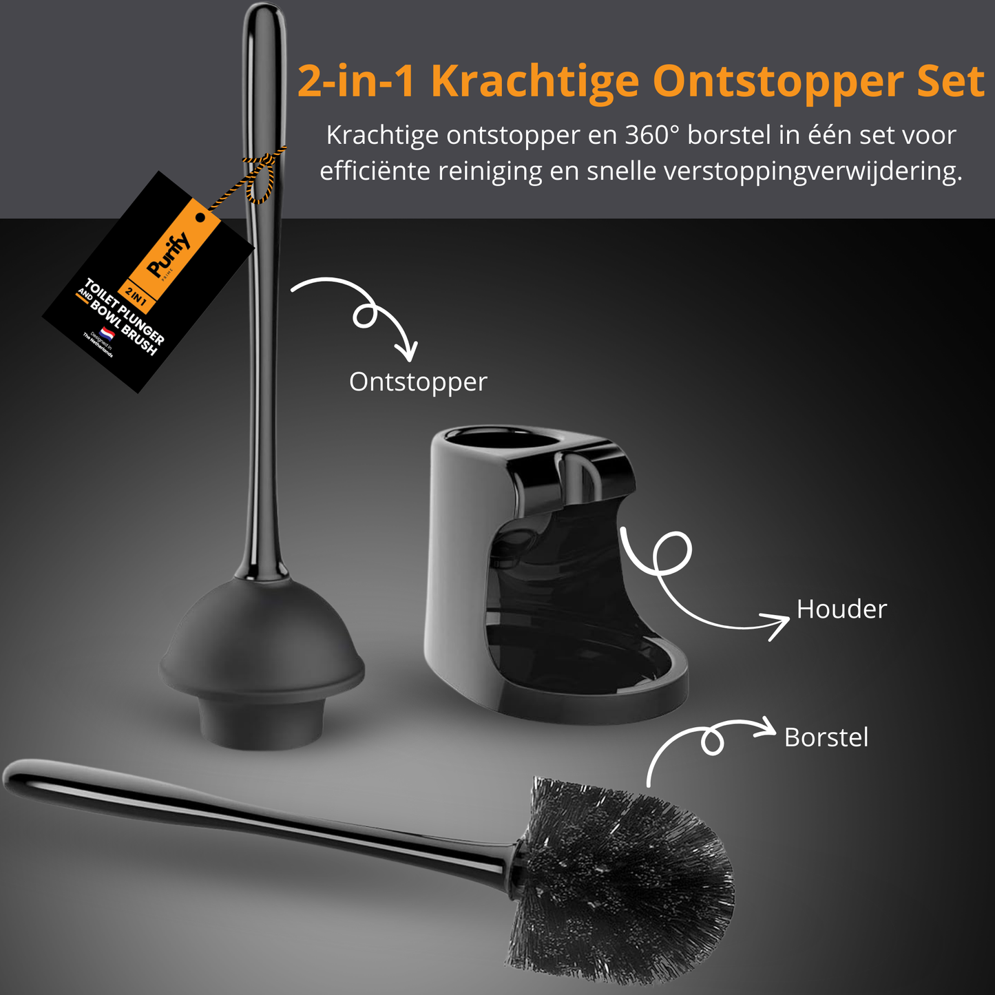 2-in-1 Toiletborstel & Ontstopper Zwart